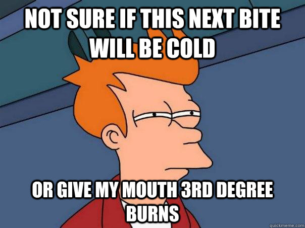 not sure if this next bite will be cold or give my mouth 3rd degree burns   Futurama Fry