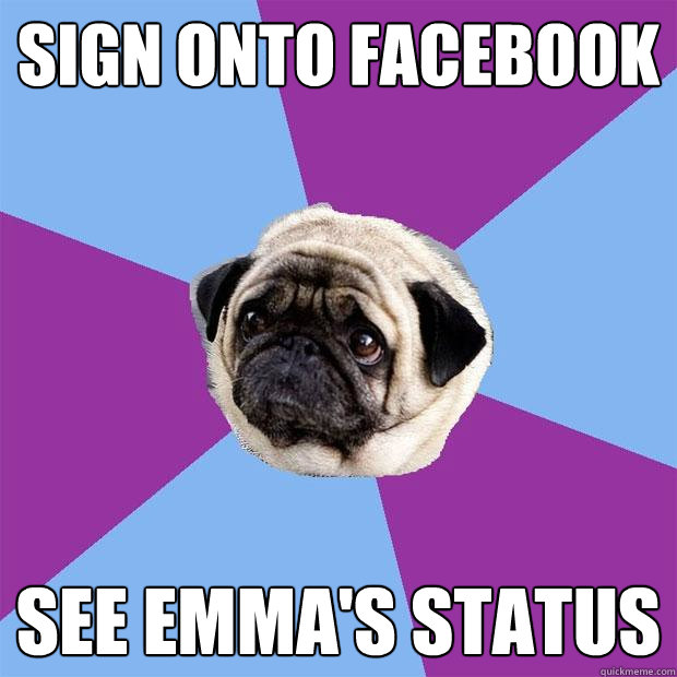 sign onto facebook see emma's status  Lonely Pug