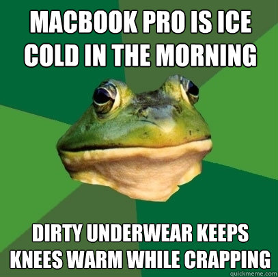Macbook Pro is ice cold in the morning Dirty underwear keeps knees warm while crapping  Foul Bachelor Frog