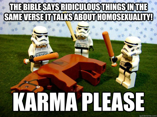 The bible says ridiculous things in the same verse it talks about homosexuality! karma please  
