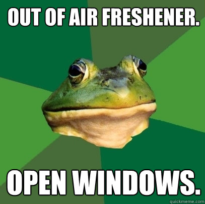 Out of air freshener. Open windows.  Foul Bachelor Frog
