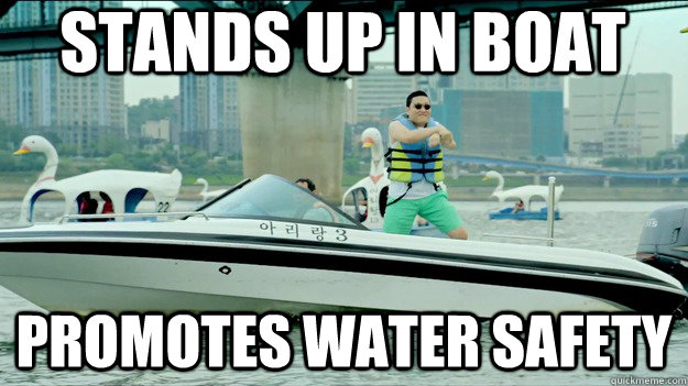 stands up in boat promotes water safety  