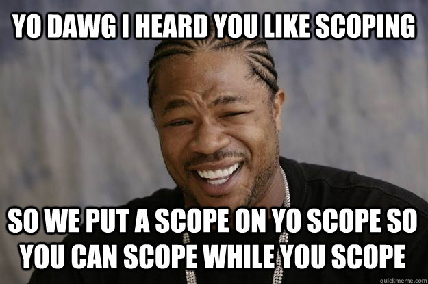 yo dawg I heard you like scoping So we put a scope on yo scope so you can scope while you scope  Xzibit meme