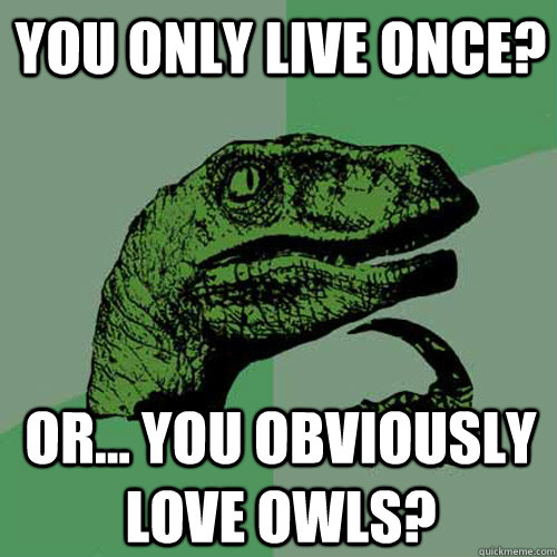 You only live once?  or... You obviously love owls?   Philosoraptor