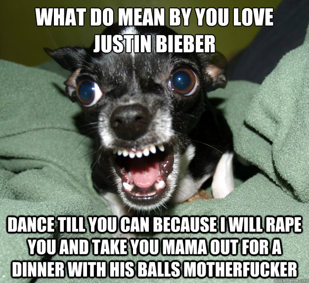 what do mean by you love justin bieber dance till you can because i will rape you and take you mama out for a dinner with his balls motherfucker  Chihuahua Logic