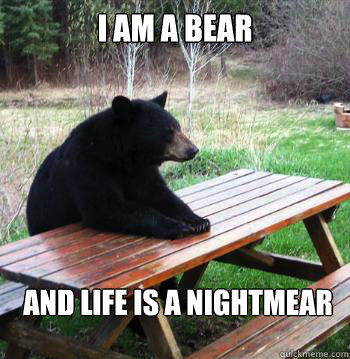 I am a bear And life is a nightmear  Bear  Picnic Table
