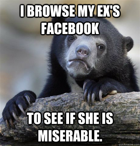 I browse my ex's facebook to see if she is miserable. - I browse my ex's facebook to see if she is miserable.  Confession Bear