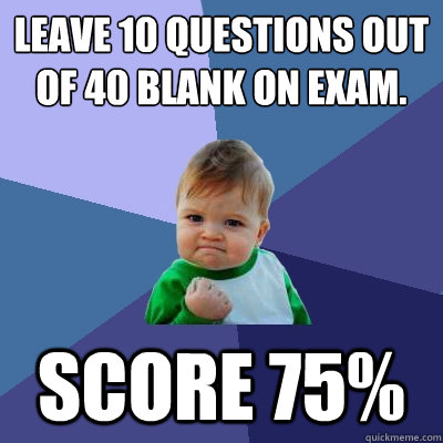 leave 10 questions out of 40 blank on exam. Score 75%  Success Kid