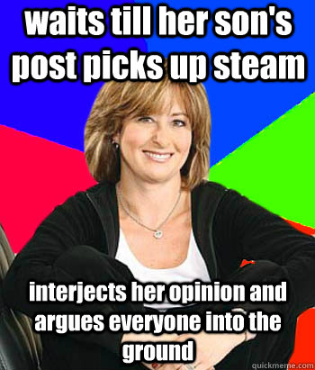 waits till her son's post picks up steam interjects her opinion and argues everyone into the ground  Sheltering Suburban Mom