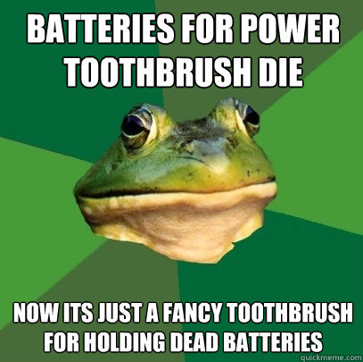 batteries for power toothbrush die  now its just a fancy toothbrush for holding dead batteries  Foul Bachelor Frog
