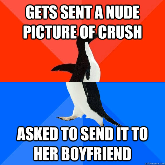 Gets sent a nude picture of crush Asked to send it to her boyfriend  Socially Awesome Awkward Penguin