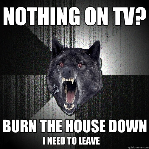 Nothing on TV? Burn the house down  I need to leave   Insanity Wolf