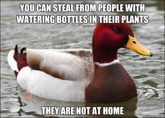 you can steal from people with watering bottles in their plants They are not at home  Malicious Advice Mallard