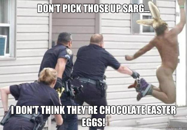 Don't pick those up sarg...

 I don't think they're chocolate Easter eggs!  