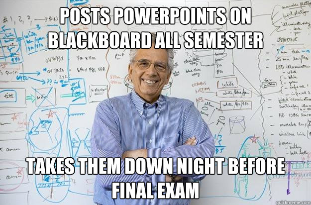 posts powerpoints on blackboard all semester takes them down night before final exam  Engineering Professor