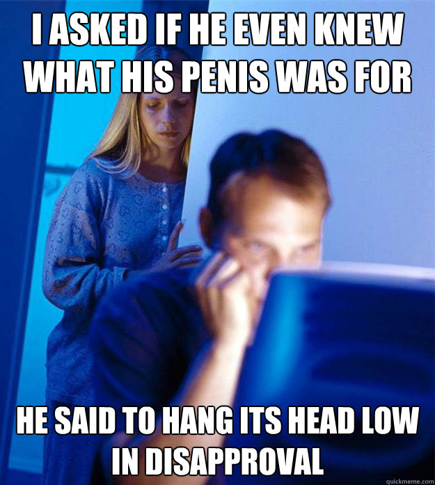 I ASKED IF HE EVEN KNEW WHAT HIS PENIS WAS FOR HE SAID TO HANG ITS HEAD LOW IN DISAPPROVAL  Redditors Wife