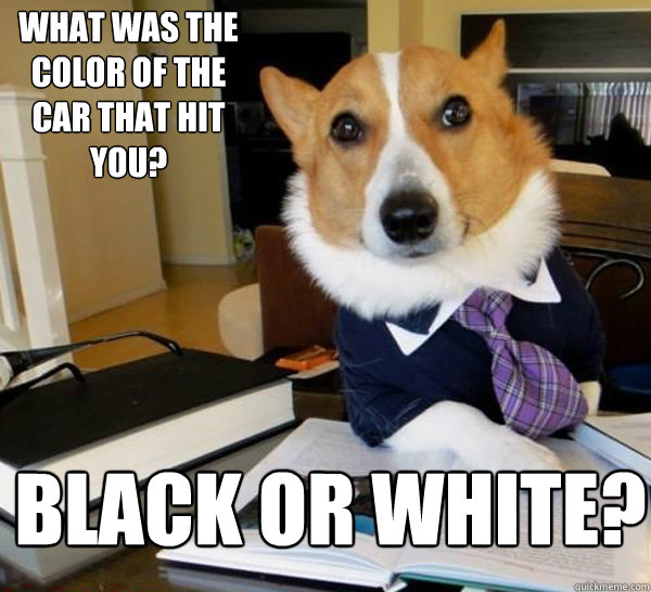 What was the color of the car that hit you? Black or White?  Lawyer Dog