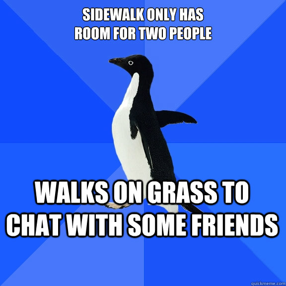 Sidewalk only has
room for two people Walks on grass to chat with some friends    Socially Awkward Penguin