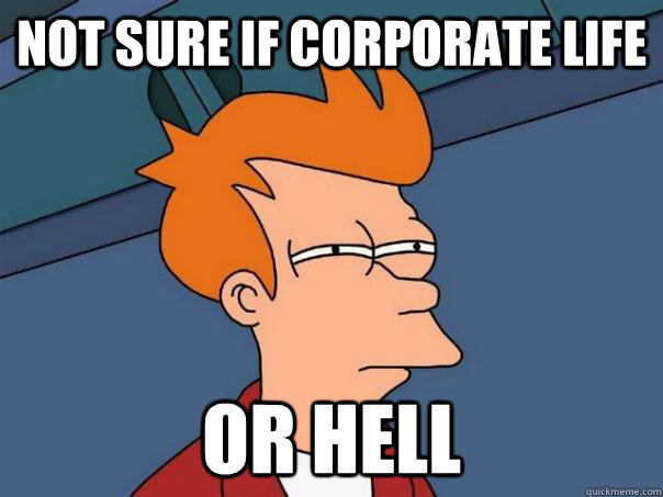 Not sure if corporate life Or hell  Futurama Fry