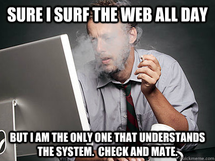 Sure I surf the web all day but I am the only one that understands the system.  Check and mate.  