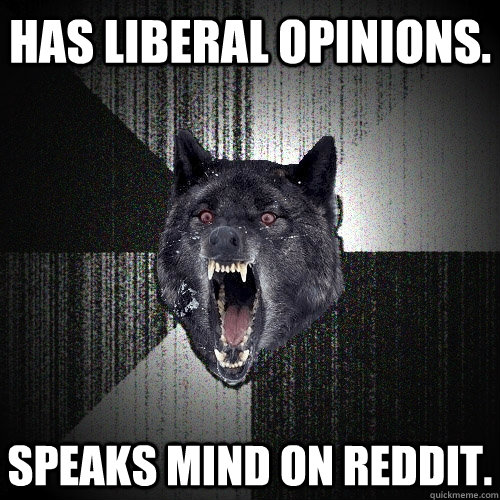 Has liberal opinions. Speaks mind on Reddit.  Insanity Wolf