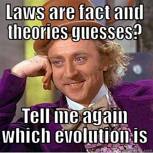 LAWS ARE FACT AND THEORIES GUESSES? TELL ME AGAIN WHICH EVOLUTION IS Condescending Wonka