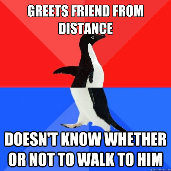 Greets friend from distance Doesn't know whether or not to walk to him  Socially Awksome Penguin
