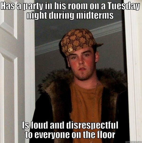 HAS A PARTY IN HIS ROOM ON A TUESDAY NIGHT DURING MIDTERMS IS LOUD AND DISRESPECTFUL TO EVERYONE ON THE FLOOR Scumbag Steve