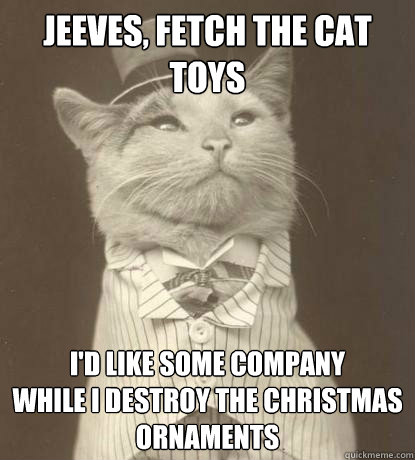 Jeeves, fetch the cat toys I'd like some company 
while I destroy the christmas ornaments   Aristocat