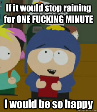 If it would stop raining for ONE FUCKING MINUTE I would be so happy  Craig - I would be so happy