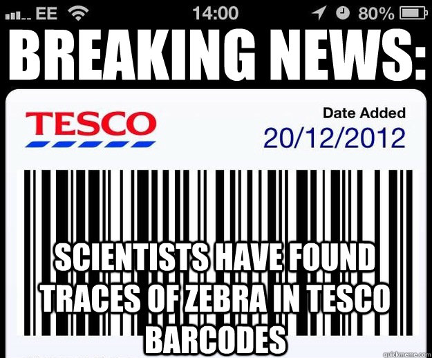 Scientists have found traces of zebra in tesco barcodes breaking news:  Zebra Tesco