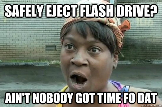 Safely eject flash drive? ain't nobody got time fo dat  Aint nobody got time for that