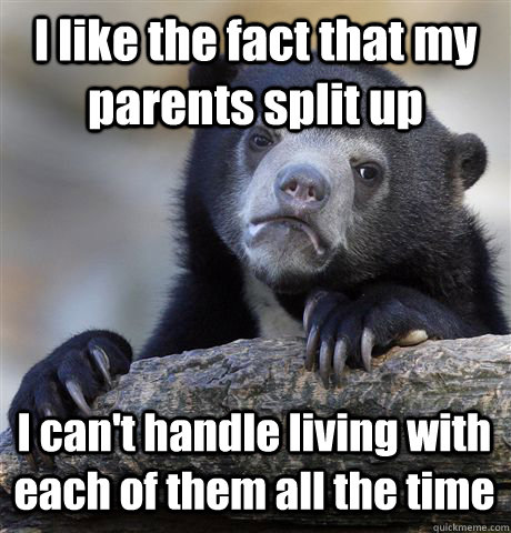 I like the fact that my parents split up I can't handle living with each of them all the time  Confession Bear