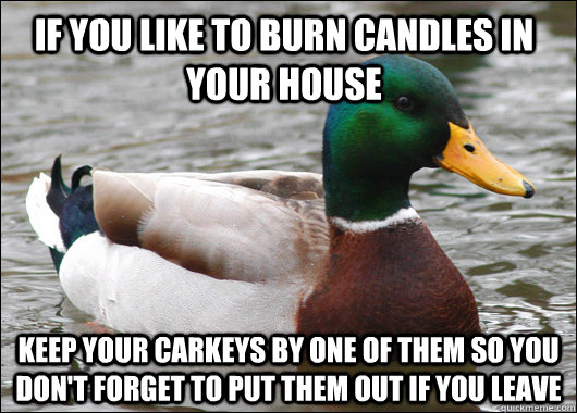 if you like to burn candles in your house keep your carkeys by one of them so you don't forget to put them out if you leave  Actual Advice Mallard