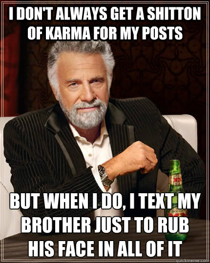 I don't always get a shitton of karma for my posts but when I do, I text my brother just to rub his face in all of it  The Most Interesting Man In The World