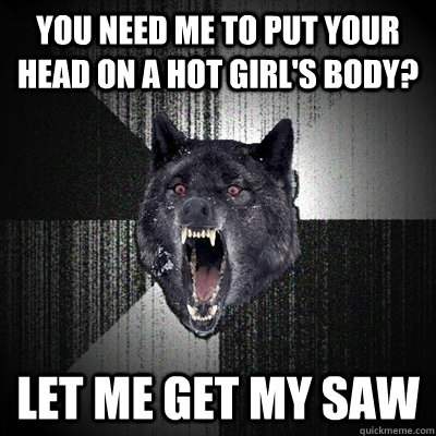 You need me to put your head on a hot girl's body? Let me get my saw  Insanity Wolf