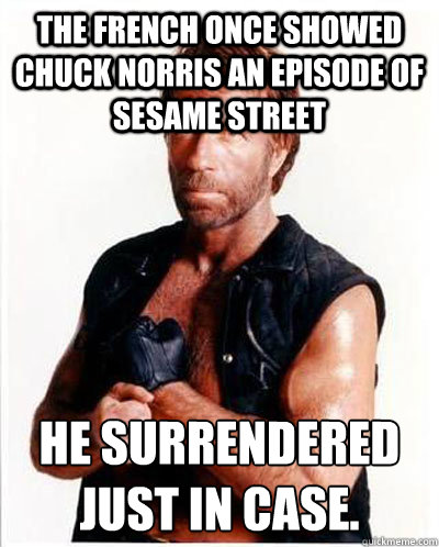 The French once showed Chuck Norris an episode of Sesame Street He surrendered just in case. 
  Anti-Chuck Norris Facts
