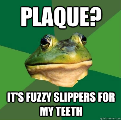 Plaque? It's fuzzy slippers for my teeth  Foul Bachelor Frog