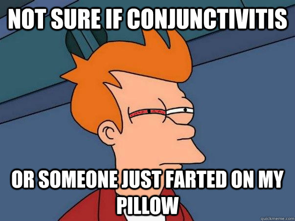 Not sure if conjunctivitis  Or someone just farted on my pillow  Futurama Fry