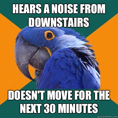 Hears a noise from downstairs Doesn't move for the next 30 minutes  Paranoid Parrot