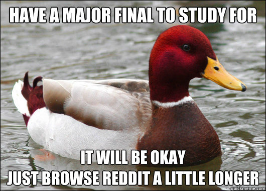 HAVE A MAJOR FINAL TO STUDY FOR
 IT WILL BE OKAY
JUST BROWSE REDDIT A LITTLE LONGER  Malicious Advice Mallard