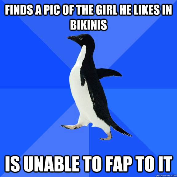 finds a pic of the girl he likes in bikinis is unable to fap to it  Socially Awkward Penguin