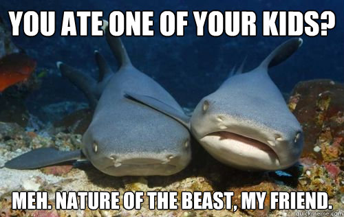 You ATE one of your kids? Meh. Nature of the beast, my friend.  Compassionate Shark Friend