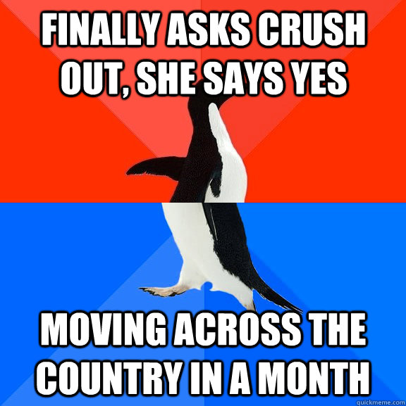 Finally asks crush out, she says yes moving across the country in a month  Socially Awesome Awkward Penguin
