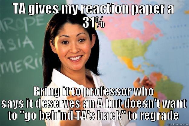 Just another reason to hate anthropology - TA GIVES MY REACTION PAPER A 31% BRING IT TO PROFESSOR WHO SAYS IT DESERVES AN A BUT DOESN'T WANT TO 