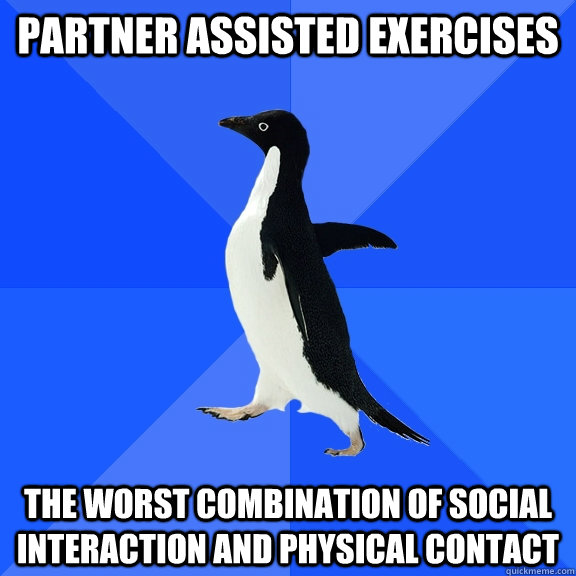 Partner assisted exercises The worst combination of social interaction and physical contact  Socially Awkward Penguin