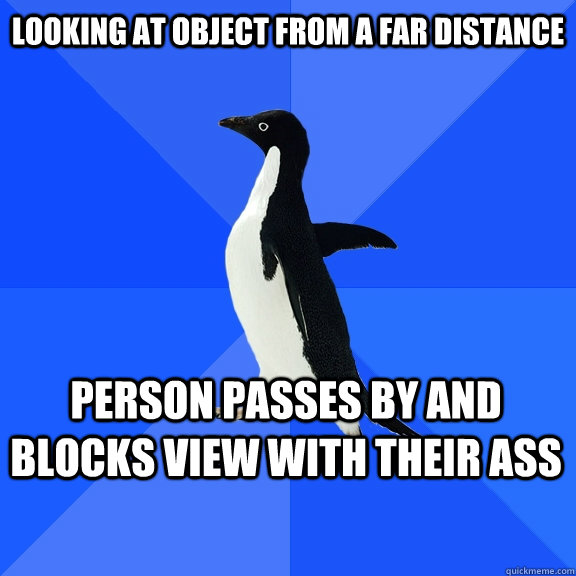 Looking at object from a far distance person passes by and blocks view with their ass  Socially Awkward Penguin