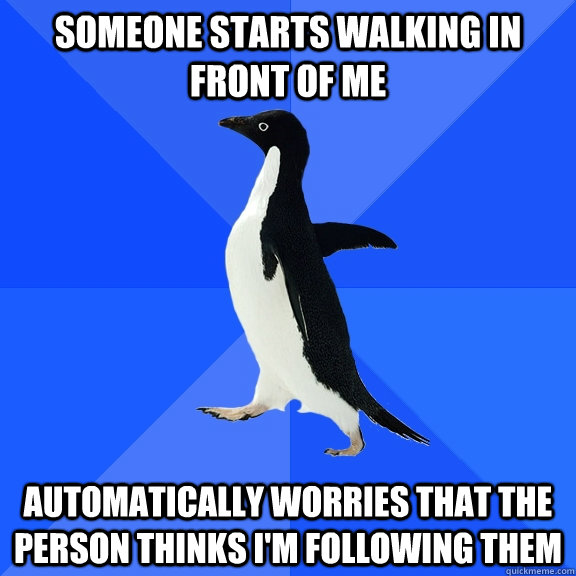 Someone starts walking in front of me automatically worries that the person thinks I'm following them  Socially Awkward Penguin