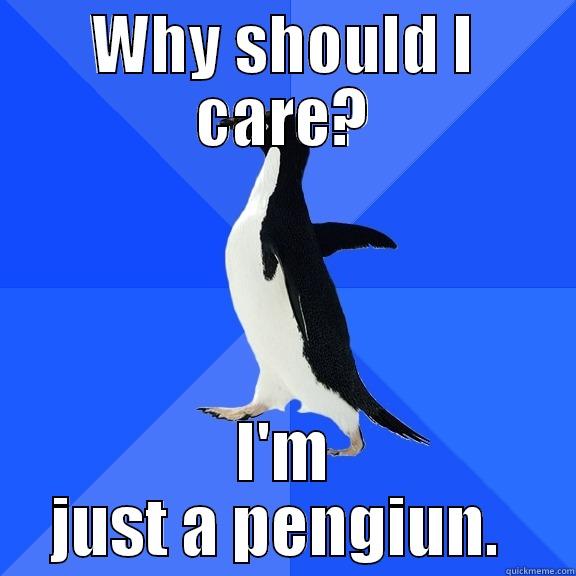 WHY SHOULD I CARE? I'M JUST A PENGUIN.  Socially Awkward Penguin