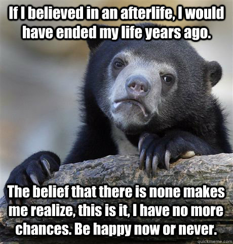 If I believed in an afterlife, I would have ended my life years ago. The belief that there is none makes me realize, this is it, I have no more chances. Be happy now or never.  Confession Bear